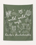 Matching bachelorette party banner for the Wild Wild Wife crew, hand-drawn doodle art with bride name, year, and destination city customizable for any weekend getaway.