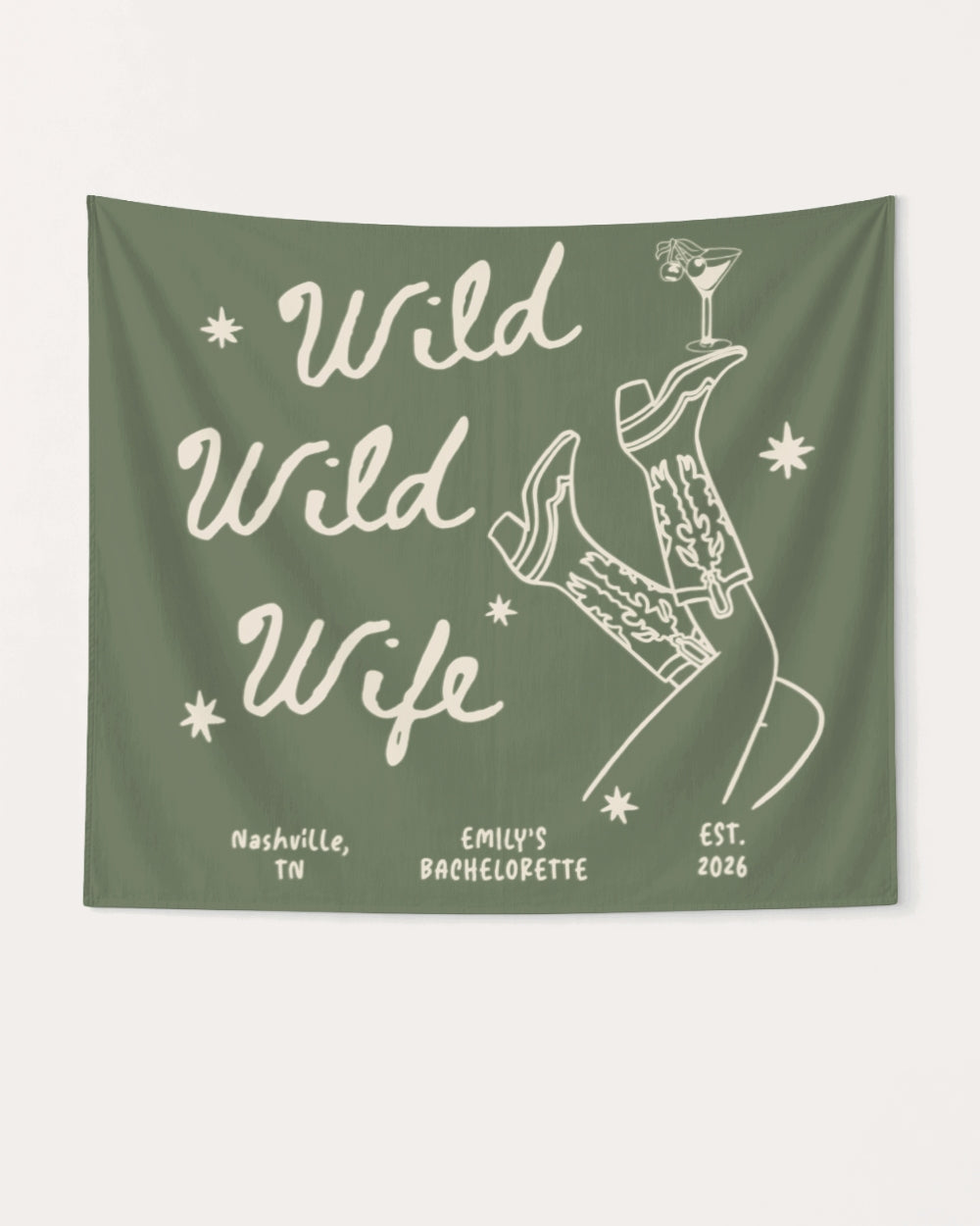 Gift idea for the bachelorette crew: Wild Wild Wife party banner with playful cowgirl and martini line art. Personalized with bride name, destination city, and wedding year.