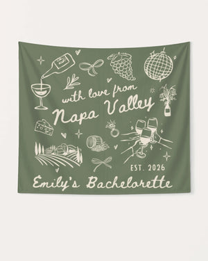 Gift idea for the bachelorette crew: Napa Valley weekend banner with minimalist wine-country doodles and script lettering. Personalized with bride name, year, and destination for the party space.