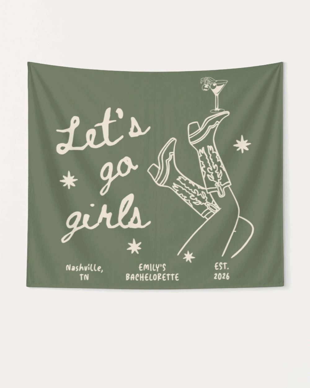 Gift idea for the bride-to-be: bachelorette party banner with vintage boots and martini art. Personalized with bride name, destination city, and year for the whole crew.