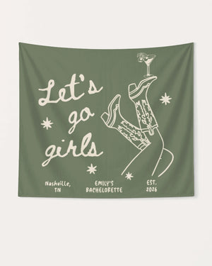 Gift idea for the bride-to-be: bachelorette party banner with vintage boots and martini art. Personalized with bride name, destination city, and year for the whole crew.