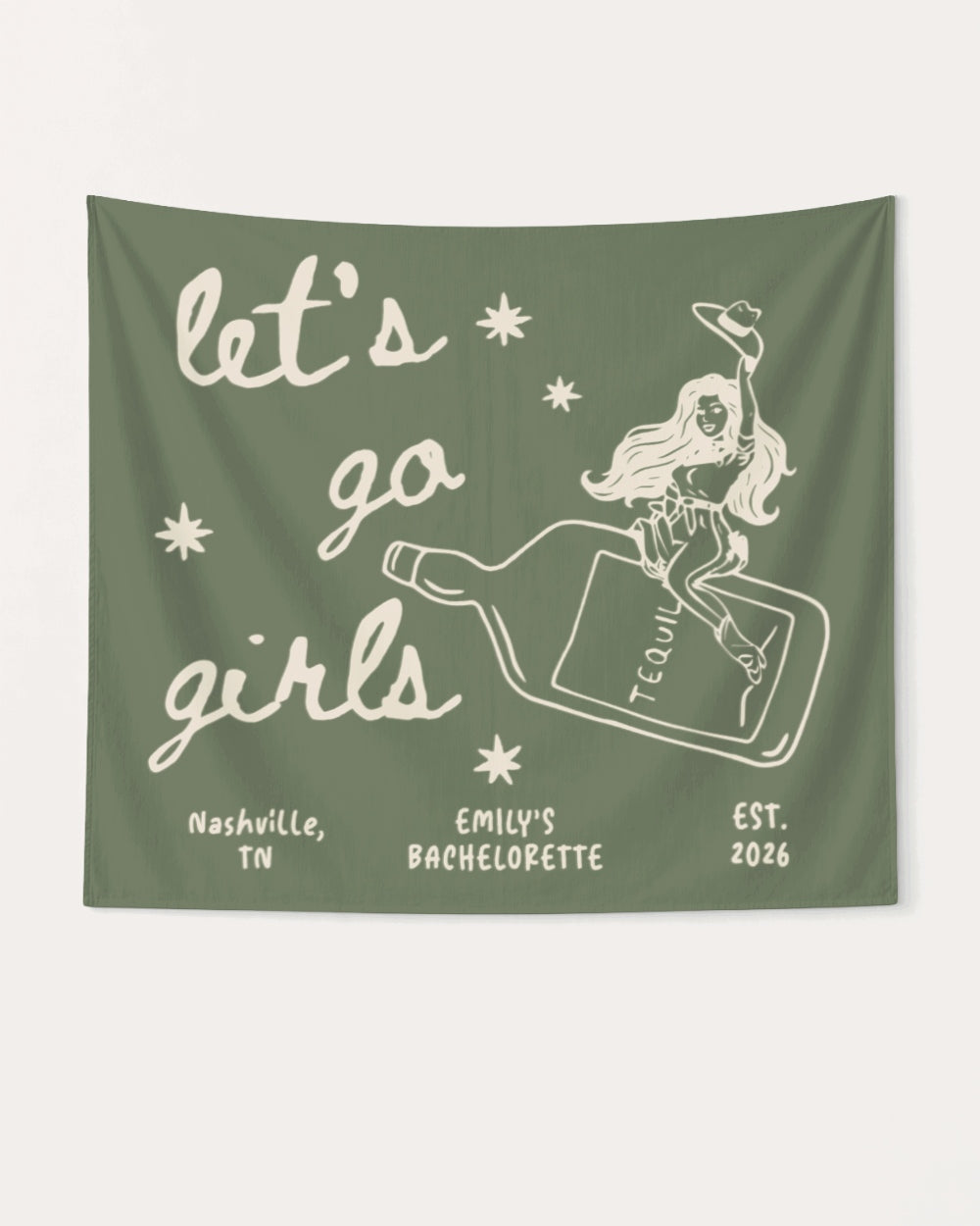 Gift idea for the bachelorette crew: Let's Go Girls cowgirl bottle banner with vintage line-art style. Personalized with bride name, destination city, and weekend date.