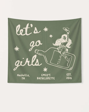 Gift idea for the bachelorette crew: Let's Go Girls cowgirl bottle banner with vintage line-art style. Personalized with bride name, destination city, and weekend date.