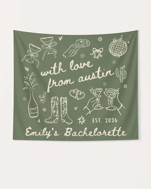 Gift idea for the bachelorette crew: Austin-themed party banner with whimsical doodle art and script lettering. Personalized with bride name, destination city, and weekend year.