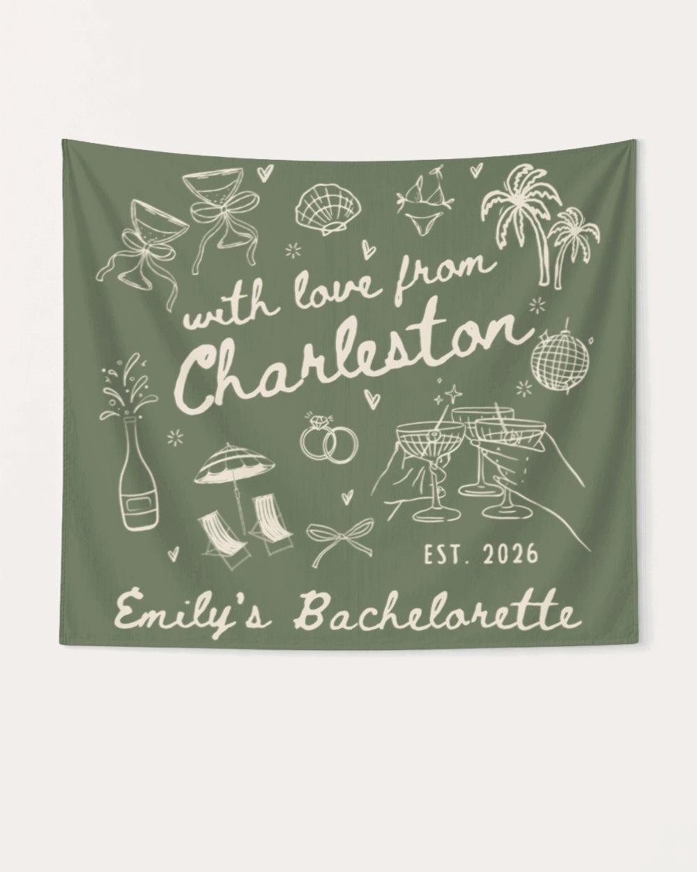 Gift idea for the bachelorette crew: a hand-drawn doodle banner with script lettering for a Charleston-themed weekend. Personalized with bride name, destination city, and EST. year.