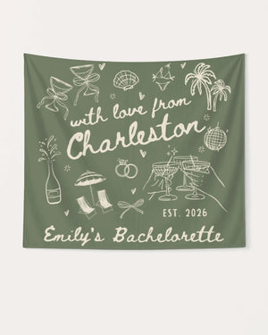 Gift idea for the bachelorette crew: a hand-drawn doodle banner with script lettering for a Charleston-themed weekend. Personalized with bride name, destination city, and EST. year.