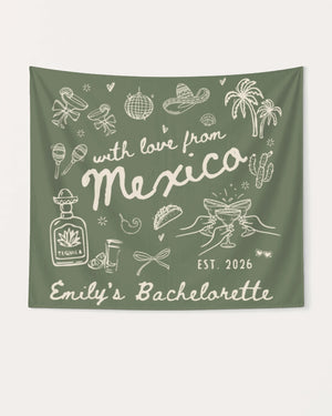 Gift idea for a Mexico bachelorette weekend: personalized banner with bride name, year, and destination. Hand-drawn line-art illustration with vintage charm, custom for the whole bride squad.