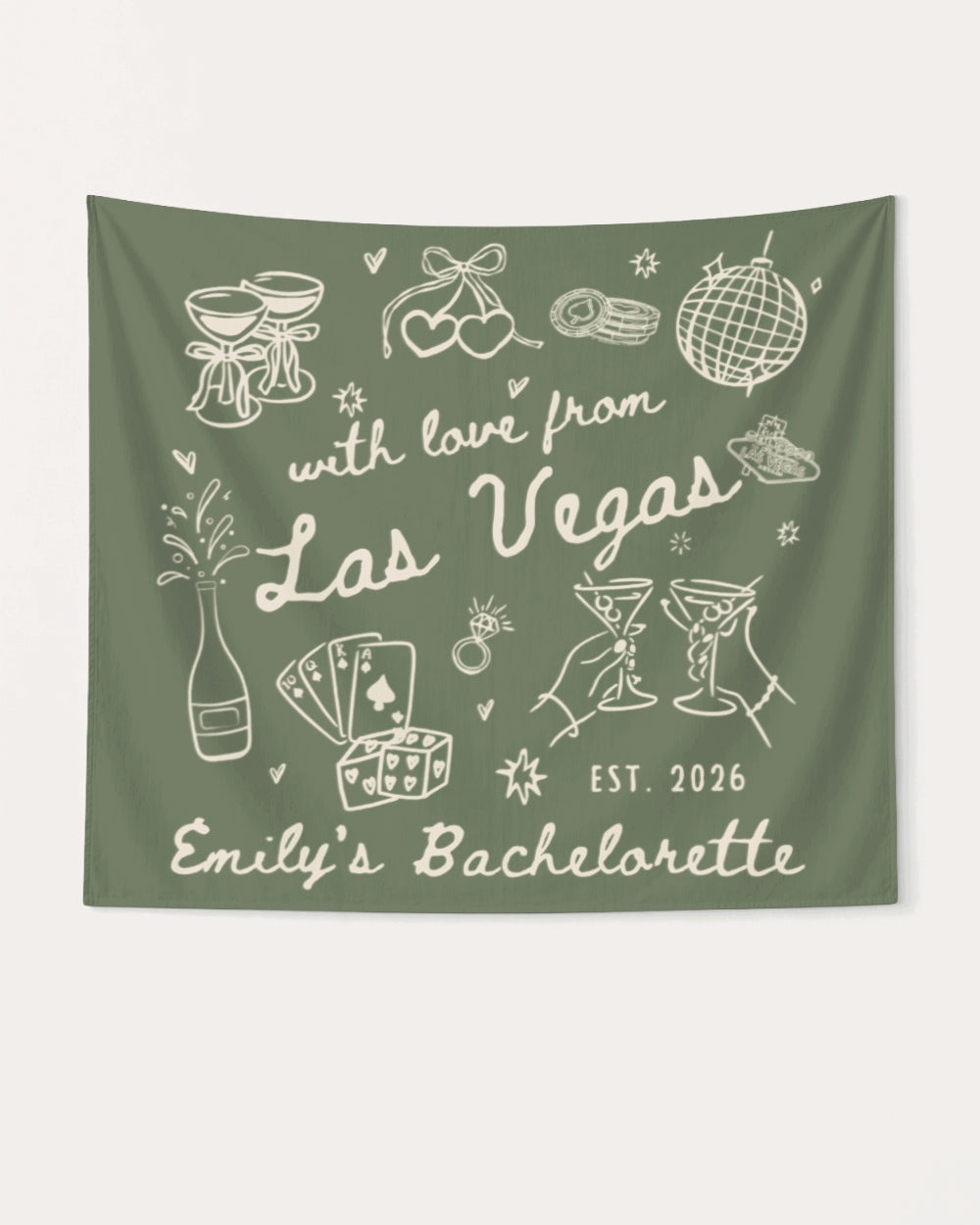 Gift idea for the bachelorette crew: Las Vegas bachelorette weekend banner with hand-drawn doodle art. Personalized with bride name, destination city, and EST. year for the whole party.