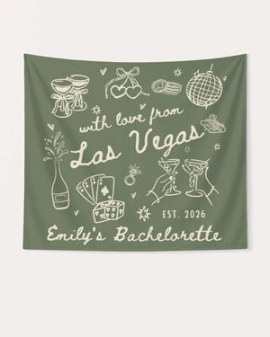 Gift idea for the bachelorette crew: Las Vegas bachelorette weekend banner with hand-drawn doodle art. Personalized with bride name, destination city, and EST. year for the whole party.