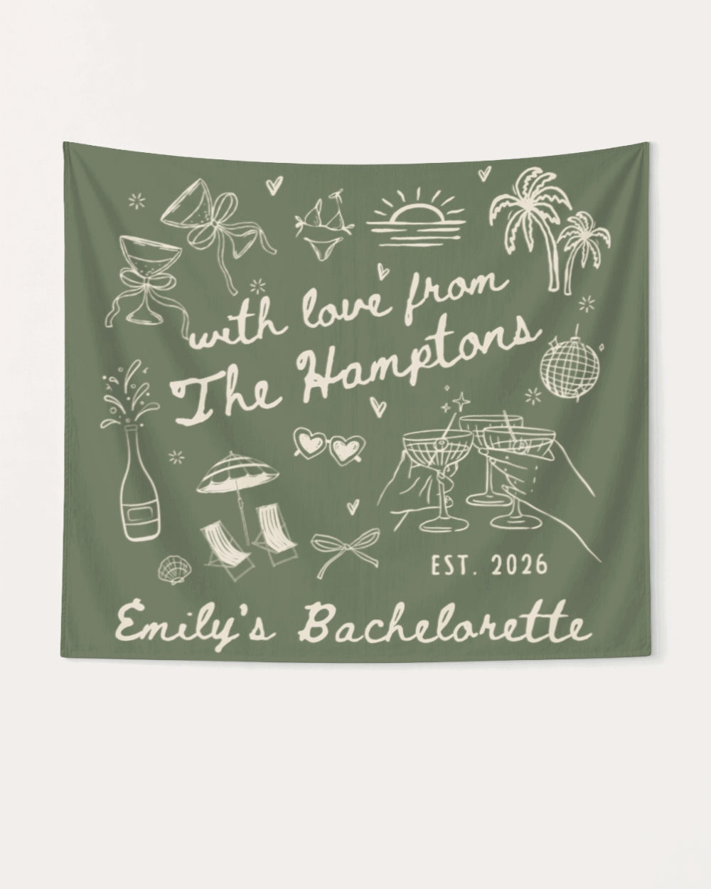 Bachelorette weekend party banner with minimalist doodle art for a Hamptons-theme celebration. Personalized with bride name, year, and destination for the full crew.