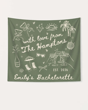 Bachelorette weekend party banner with minimalist doodle art for a Hamptons-theme celebration. Personalized with bride name, year, and destination for the full crew.