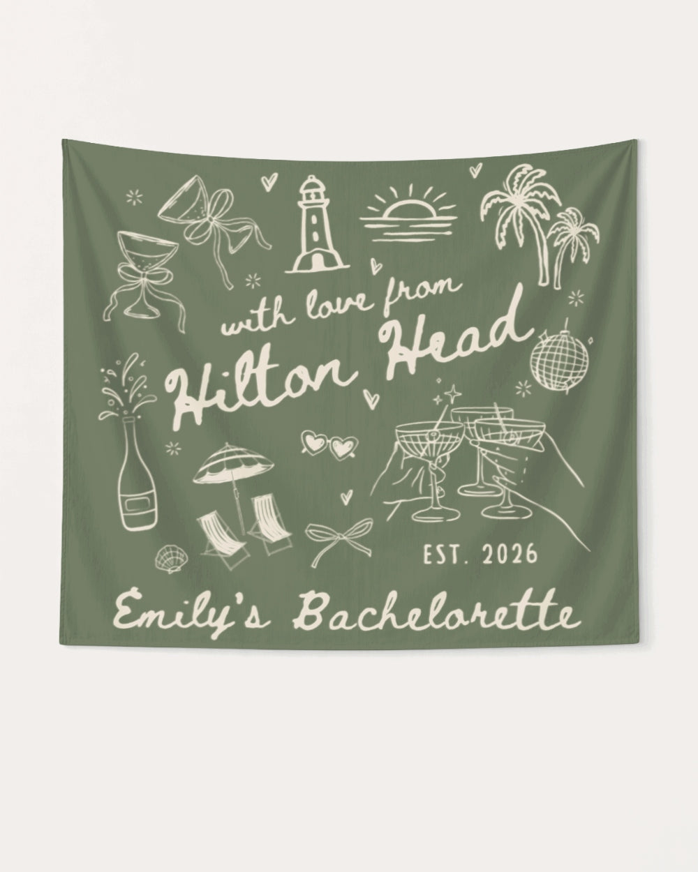 Gift idea for the bride: bachelorette weekend banner with whimsical line-art doodles and hand-drawn script. Personalized with bride name, destination, and year for any getaway.