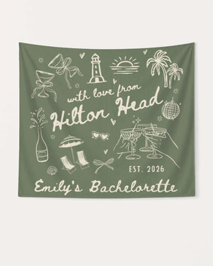 Gift idea for the bride: bachelorette weekend banner with whimsical line-art doodles and hand-drawn script. Personalized with bride name, destination, and year for any getaway.