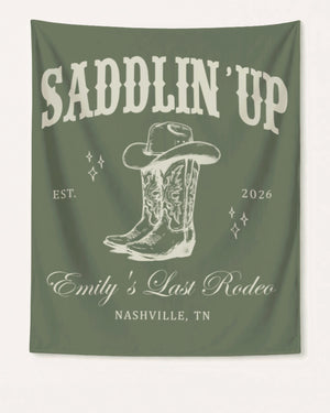 Bachelorette rodeo weekend party banner with vintage western script and illustration, personalized with bride name, year, and city. Last Rodeo theme for Nashville or any destination Bach.