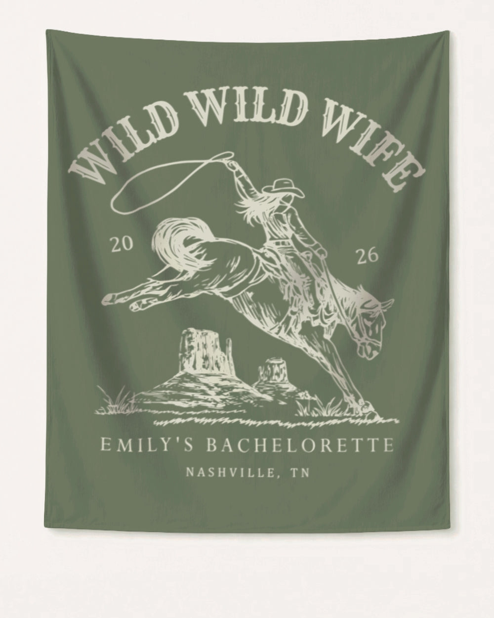 Bachelorette weekend party banner with vintage western Wild Wild Wife theme. Personalized with bride name, date, and destination city for Nashville or any rodeo-themed bach celebration.