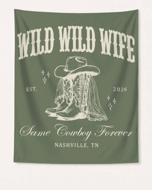 Bachelorette party banner for a Nashville cowgirl bride weekend, Wild Wild Wife vintage western theme. Customizable with bride name, year, and destination city for the whole crew.