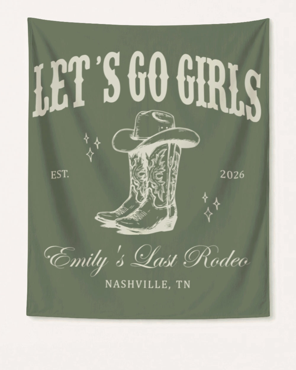 Bachelorette party banner for a Nashville country western weekend, vintage western art with cowboy boot and hat motifs. Personalized with bride name, year, and destination city for the whole crew.