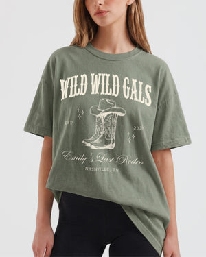 Fitted bachelorette t-shirt with vintage western illustration, ornate cowboy boot graphic, and wild west bride theme. Personalized with bride name, year, and city for the whole country bachelorette crew.