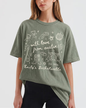 Classic crew-neck bachelorette tee with whimsical line-art doodles and script lettering for the Austin bride and her crew. Personalized with the bride's name, year, and destination city.
