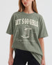 Boxy bachelorette T-shirt with vintage western illustration and script lettering for the bride's last rodeo crew. Personalized with bride name, year, and destination city for every member of the party.