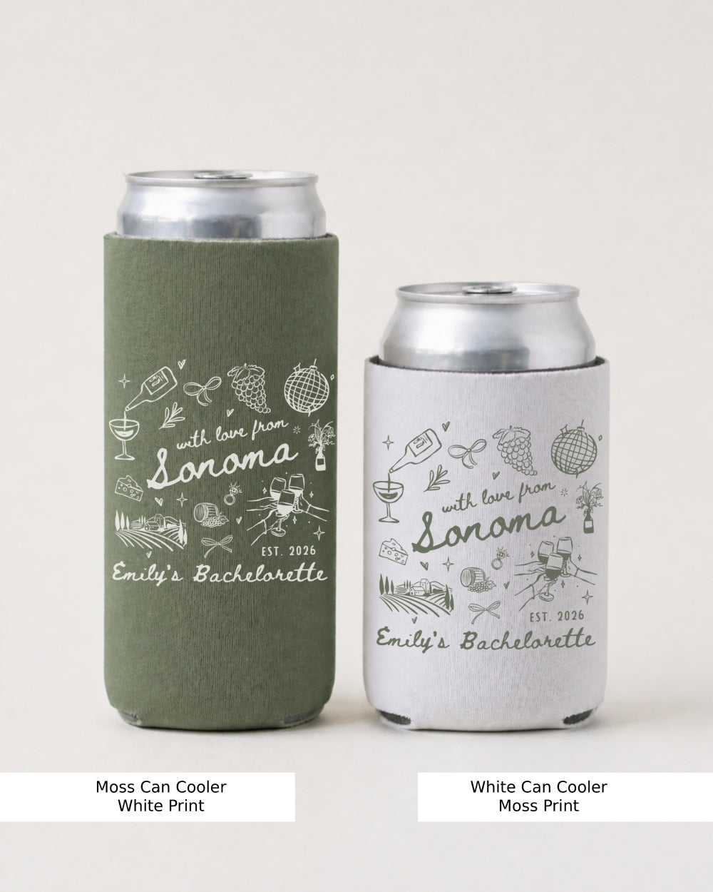 Matching bachelorette can cooler with custom wine country design for bride and bridal crew