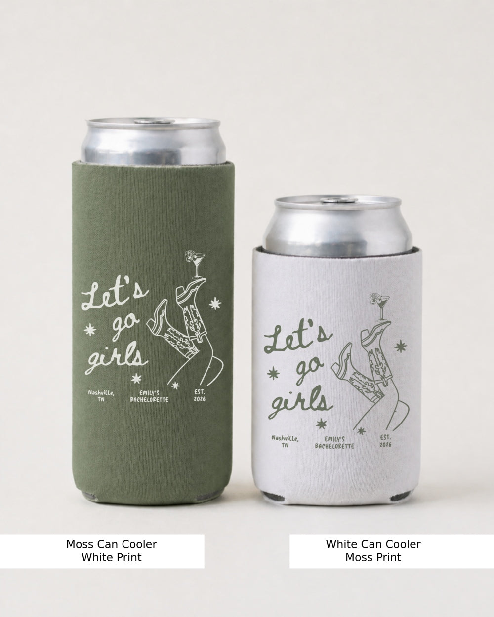 Gift idea for the bachelorette crew: Let's Go Girls can cooler with minimalist boots and martini line art, perfect for girls trip drinks, parties, or a bridesmaid proposal set.