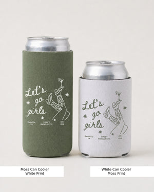 Gift idea for the bachelorette crew: Let's Go Girls can cooler with minimalist boots and martini line art, perfect for girls trip drinks, parties, or a bridesmaid proposal set.