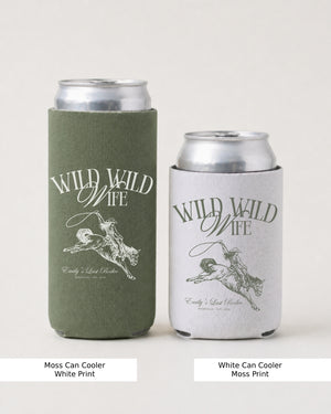 Bachelorette gift idea: Wild Wild Wife can cooler with vintage cowgirl illustration and elegant script. Perfect for the bride-to-be at a western or country-themed bachelorette party.