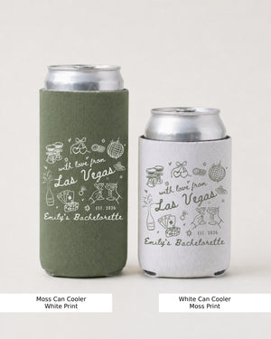 Gift idea for the bachelorette crew: Las Vegas can cooler with minimalist script art and bride name customizable. Perfect party favor or bridesmaid gift for a Vegas bachelorette weekend.