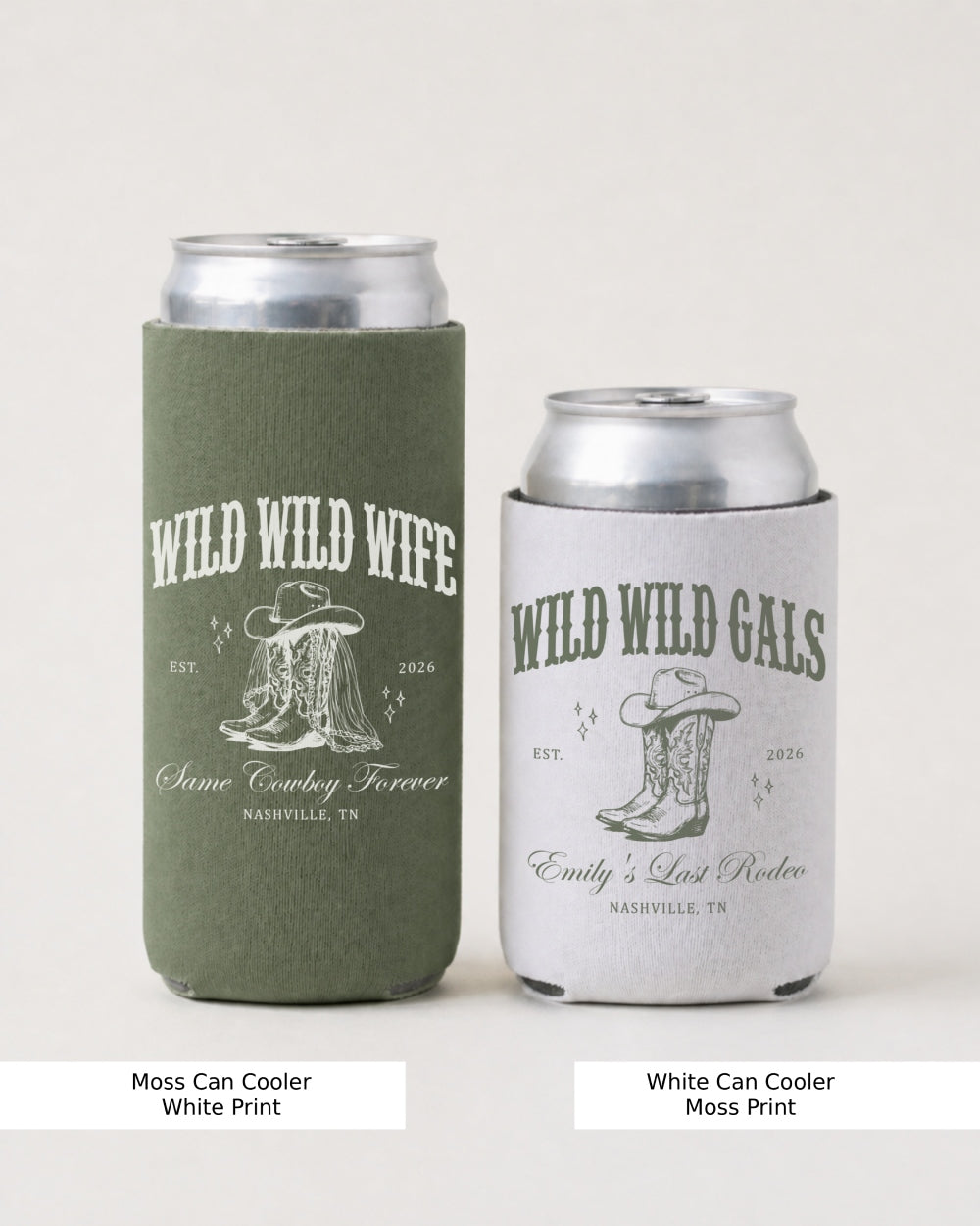 Bachelorette gift idea: Wild Wild Wife western can cooler with vintage cowgirl badge art for the bride and her gals. Personalized with name, location, and est. date for the whole crew.
