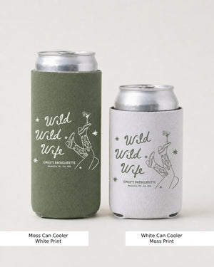 Gift idea for the bachelorette party: Wild Wild Wife can cooler with script lettering and line-art illustration. Perfect for the bride's crew at the bach weekend bar crawl or lake day.