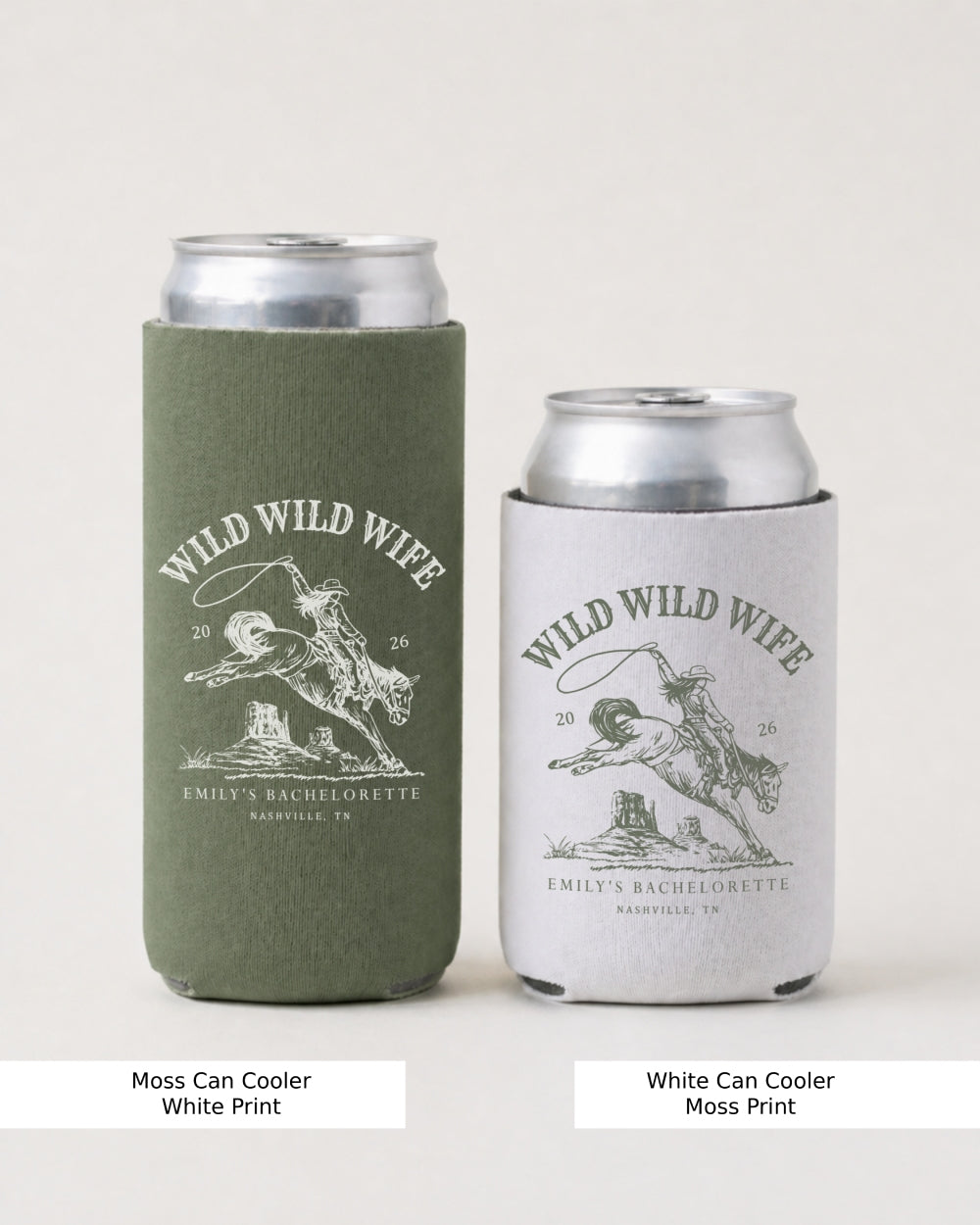 Gift idea for the bachelorette bride: Wild Wild Wife cowgirl rodeo can cooler with vintage western illustration and script typography. Perfect for the bachelorette party crew.