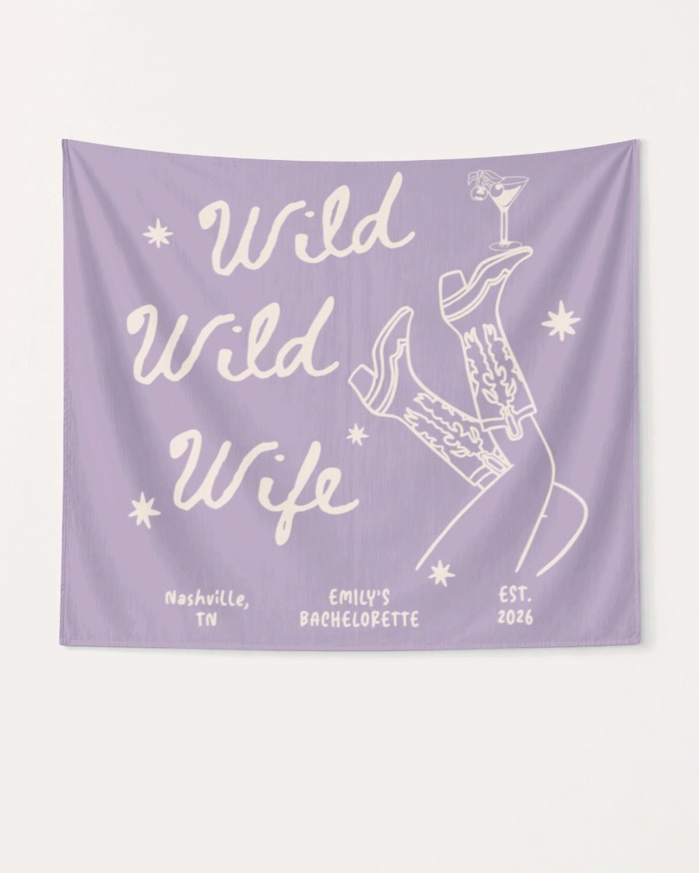 Personalized bachelorette party banner with bride name, date, and city for the Wild Wild Wife theme. Playful cowgirl and martini line-art makes it a standout party decor piece for the whole crew.