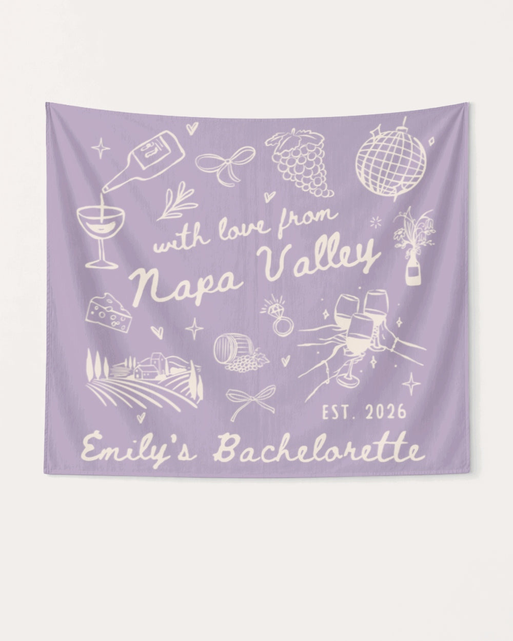 Bride and bridal party bachelorette weekend banner with Napa Valley wine country theme and minimalist line-art doodles. Personalized with bride name, year, and destination for the full crew.