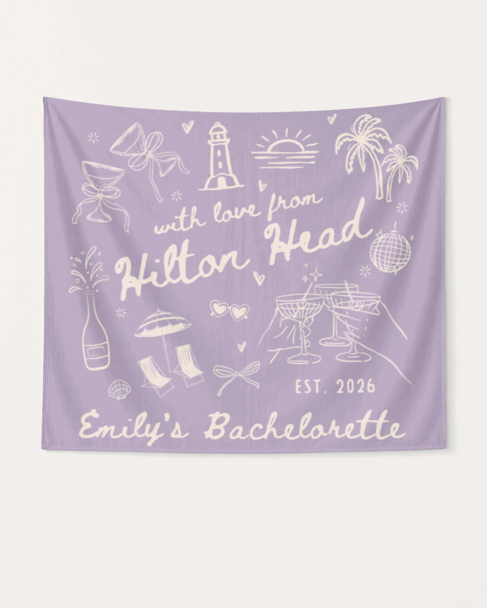 Bride and bachelorette crew banner with whimsical line-art doodles and hand-drawn script, personalized with bride name, destination, and EST year for the full Hilton Head weekend party.