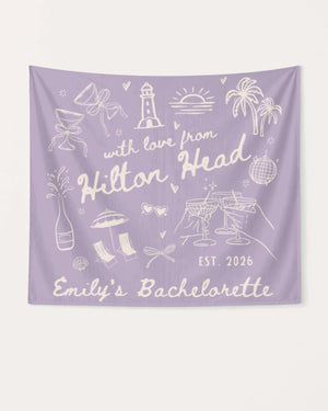 Bride and bachelorette crew banner with whimsical line-art doodles and hand-drawn script, personalized with bride name, destination, and EST year for the full Hilton Head weekend party.