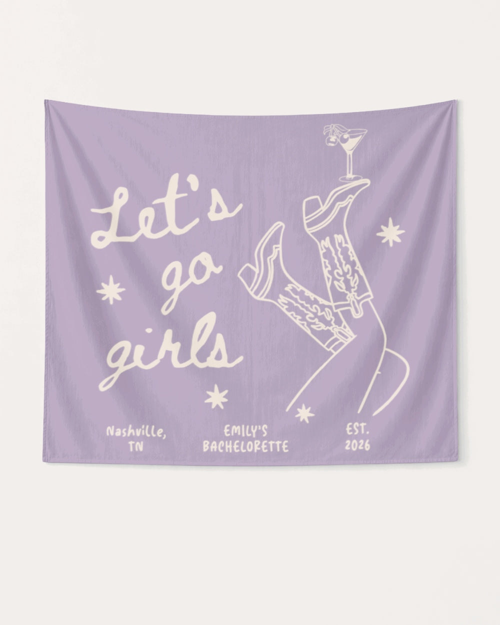 Bride and bachelorette party banner with vintage line-art boots and martini illustration. Personalized with bride name, destination city, and wedding year for the full crew celebration.
