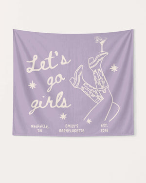 Bride and bachelorette party banner with vintage line-art boots and martini illustration. Personalized with bride name, destination city, and wedding year for the full crew celebration.