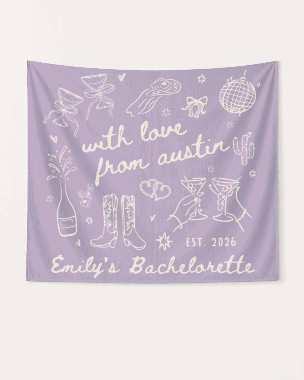 Bride and bachelorette crew banner with whimsical doodle art and script lettering. Personalized with bride name, destination city, and EST year for any bachelorette weekend celebration.