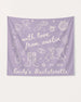 Bride and bachelorette crew banner with whimsical doodle art and script lettering. Personalized with bride name, destination city, and EST year for any bachelorette weekend celebration.