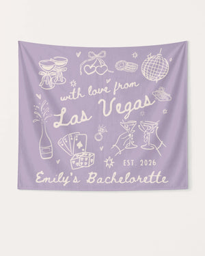 Bride and bachelorette crew banner with hand-drawn Las Vegas doodle art, personalized with bride name, destination city, and EST. year for the full party setup.