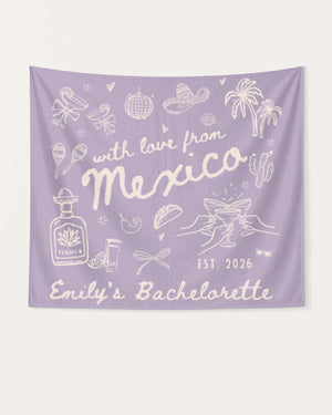 Bride and bachelorette crew banner for a Mexico destination weekend, vintage line-art style. Personalized with bride name, year, and destination for the full party.