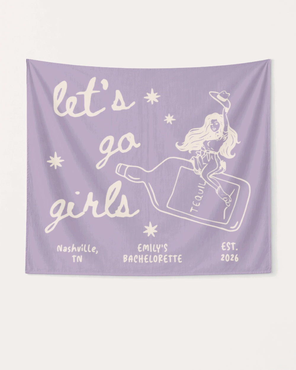 Bride and bachelorette crew bottle banner with vintage cowgirl line-art and hand-drawn script. Personalized with bride name, destination city, and bachelorette year for the whole Nashville gang.