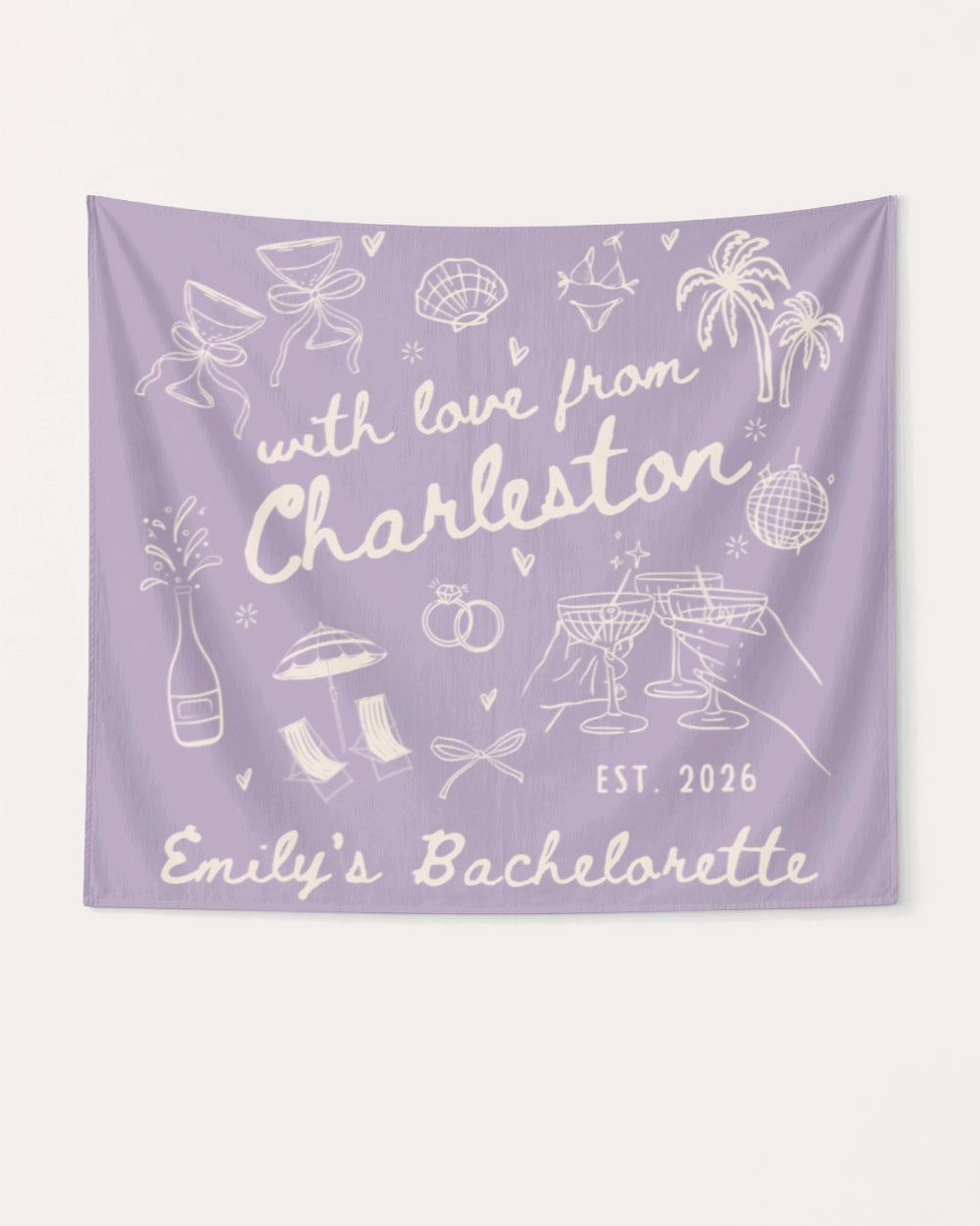 Bride and bachelorette crew party banner with hand-drawn doodle script, destination city and date customizable. Perfect decor for a bachelorette weekend celebration.