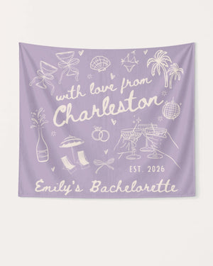 Bride and bachelorette crew party banner with hand-drawn doodle script, destination city and date customizable. Perfect decor for a bachelorette weekend celebration.