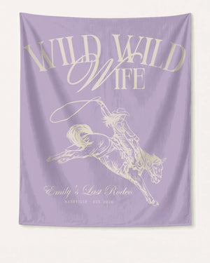Personalized bachelorette banner with bride name, destination city, and year in vintage cowgirl script. Wild Wild Wife rodeo theme, customizable for any last rodeo weekend.