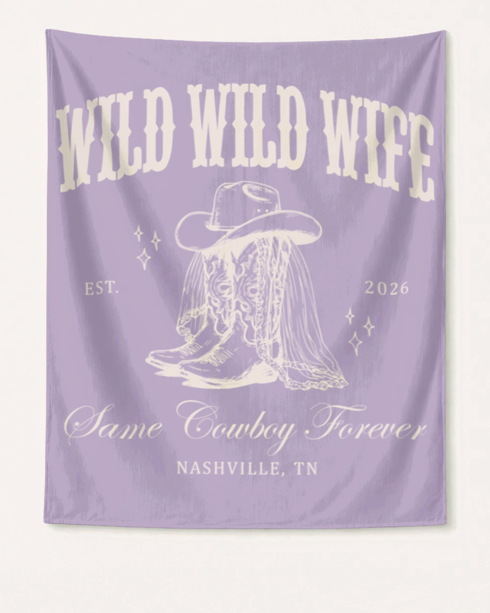 Personalized Wild Wild Wife bachelorette banner with bride name, year, and destination city in vintage western script. Custom cowgirl bridal party decor for Nashville or any bachelorette weekend.