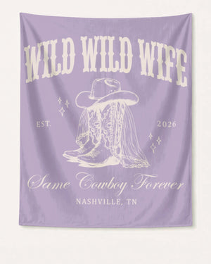 Personalized Wild Wild Wife bachelorette banner with bride name, year, and destination city in vintage western script. Custom cowgirl bridal party decor for Nashville or any bachelorette weekend.