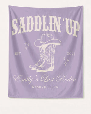 Personalized bachelorette rodeo banner with bride name, established year, and Nashville destination. Custom Last Rodeo western script design for the bridal crew's party decor.