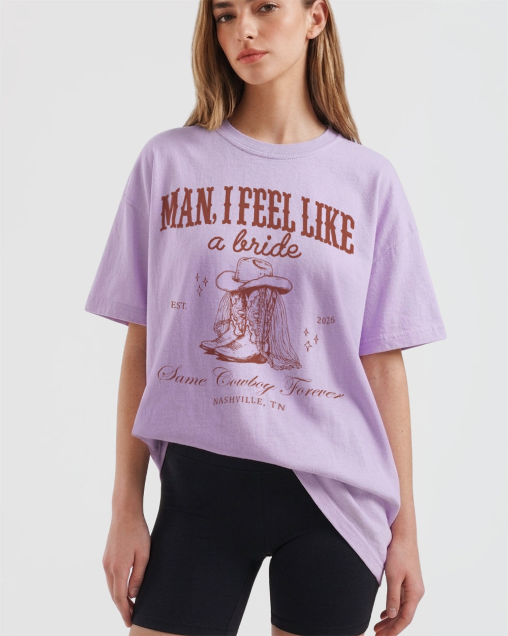 Matching shirts for the bride's last rodeo with vintage western script and illustration. Personalized bachelorette tees with bride name, date, and city for the Nashville girls trip crew.